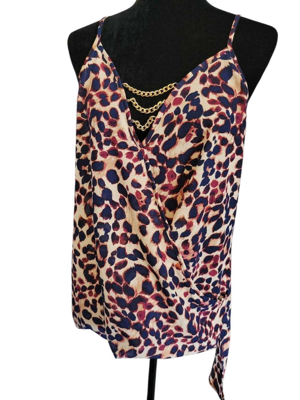Venus Top With‎ Crossed Panels Chains And Bubble Hem Leopard Print Size L